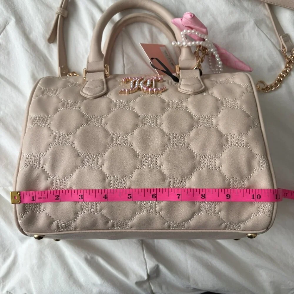 Juicy Couture Tie The Knot Satchel Sandstone Pink Bow Faux Pearl Charm Chic
